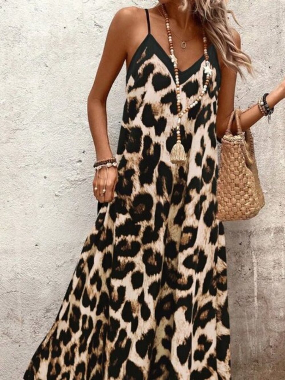 Multicolor Casual Women's Leopard Print Sleeveless Maxi Dress